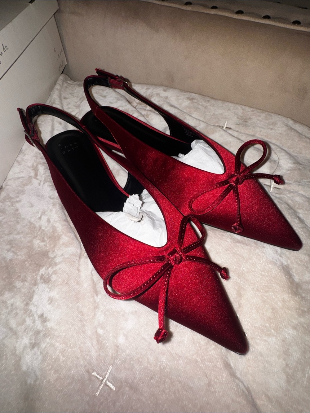 a new day Red Satin Pointed Slingback Flats with Bow Detail